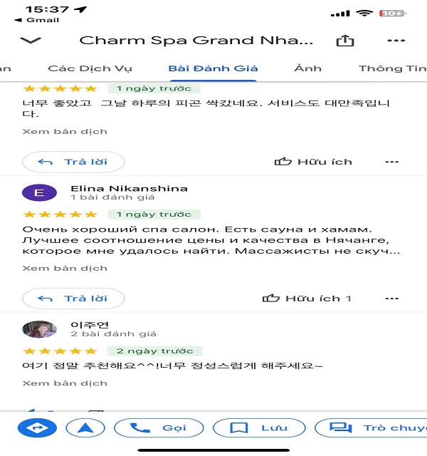 đánh giá tại charm spa . 